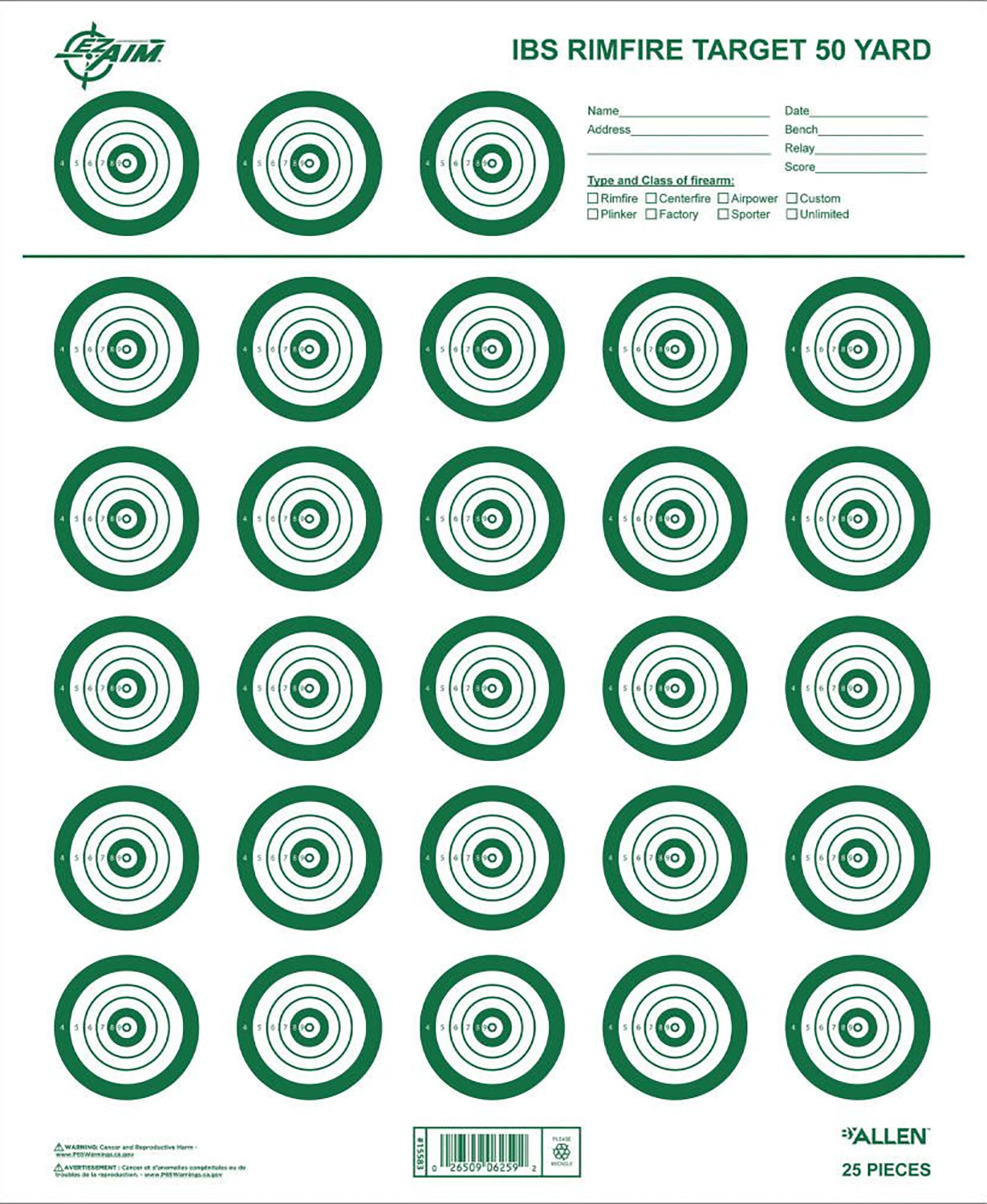 EZ-Aim 15582 IBS Rimfire Match Shooting Target, Non-Adhesive White/Green, 25 Sheets
