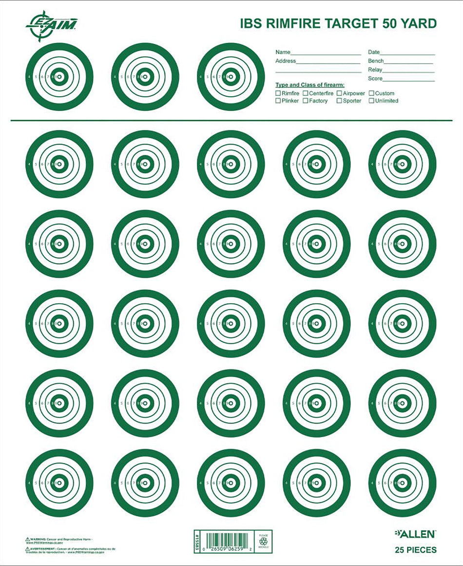 EZ-Aim 15582 IBS Rimfire Match Shooting Target, Non-Adhesive White/Green, 25 Sheets
