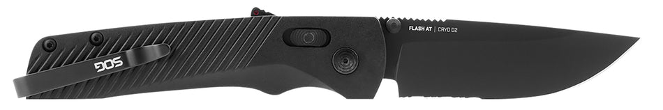 SOG Flash AT SOG11180241 3.45" Assisted Opening Part Serrated Cryo D2 Blade Blackout GRN Pocket Clip
