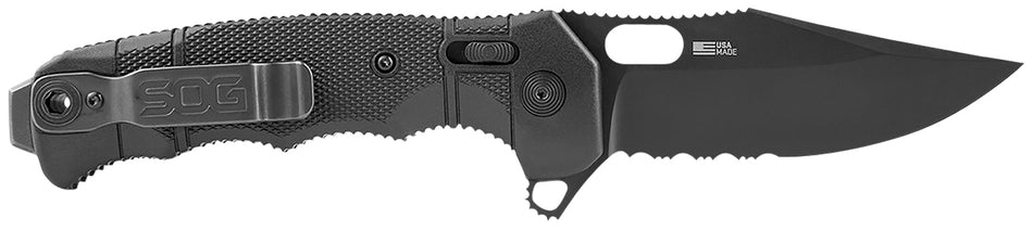 SOG SEAL XR 3.90" Folding Clip Point Knife Part Serrated S35VN Steel Black Cerakote Blade Black GRN Handle Belt Clip Included