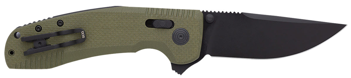 SOG SOG-TAC XR 3.39" Folding Clip Point Knife Plain Black TiNi D2 Steel Blade OD Green G10 Handle Pocket Clip Included