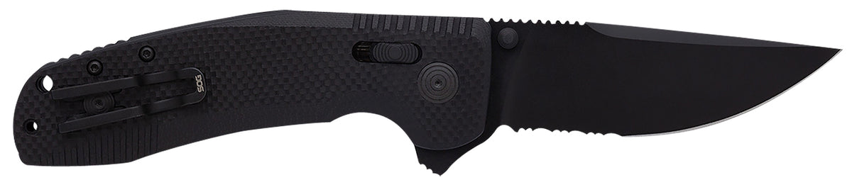 SOG SOG-TAC XR 3.39" Folding Clip Point Part Serrated Knife Black TiNi D2 Steel Blade Blackout G10 Handle Pocket Clip Included