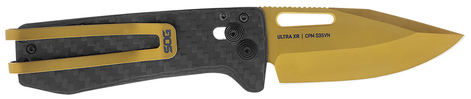 SOG Ultra XR 2.80" Folding Clip Point Knife Plain Gold TiNi S35VN Steel Blade Black Carbon Fiber Handle Pocket Clip Included