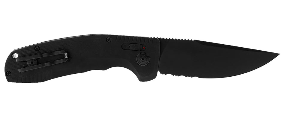 SOG SOG-TAC AU 3.43" Automatic Folder Part Serrated D2 Blade Black Micro-Textured Anodized Aluminum Handle