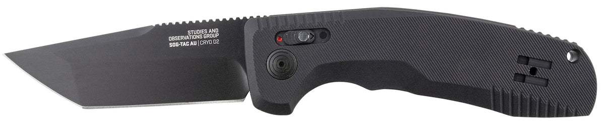 SOG SOG-TAC AU 3.43" Automatic Tanto Folder Plain D2 Blade Black Micro-Textured Anodized Aluminum Handle