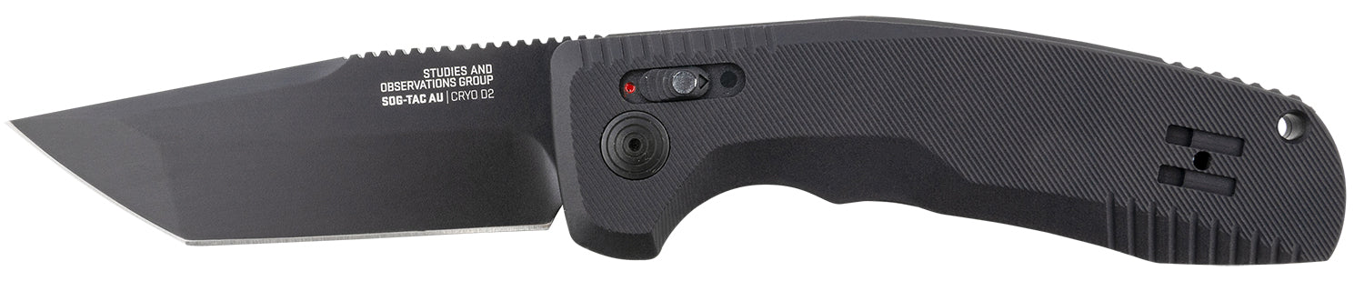 SOG SOG-TAC AU 3.43" Automatic Tanto Folder Plain D2 Blade Black Micro-Textured Anodized Aluminum Handle