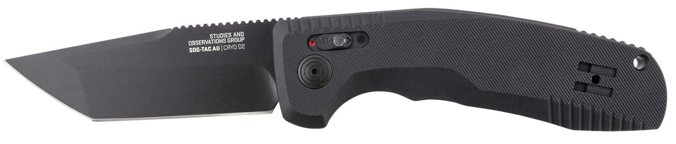 SOG SOG-TAC AU 3.43" Automatic Tanto Folder Plain D2 Blade Black Micro-Textured Anodized Aluminum Handle