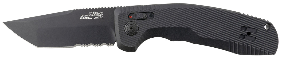 SOG SOG-TAC AU 3.43" Automatic Tanto Part Serrated D2 Blade Black Micro-Textured Anodized Aluminum Handle