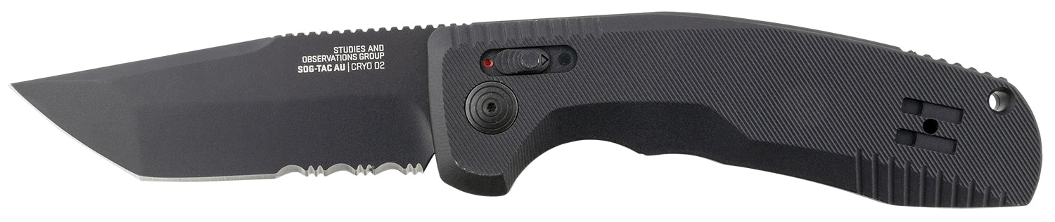 SOG SOG-TAC AU 3.43" Automatic Tanto Part Serrated D2 Blade Black Micro-Textured Anodized Aluminum Handle