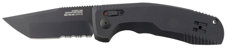 SOG SOG-TAC AU 3.43" Automatic Tanto Part Serrated D2 Blade Black Micro-Textured Anodized Aluminum Handle