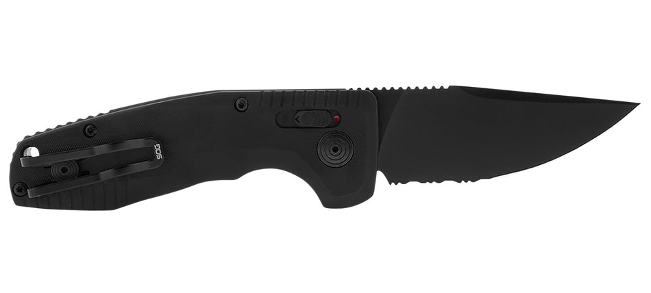 SOG SOG-TAC AU Compact 2.94" Automatic Folder Straight Back Part Serrated D2 Blade Black Anodized Aluminum Handle