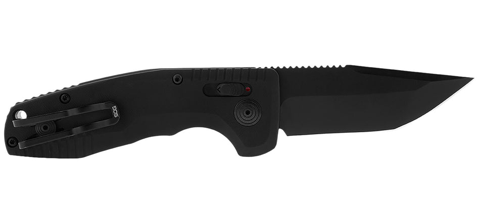 SOG SOG-TAC AU Compact 2.94" Automatic Tanto Folder Plain D2 Blade Black Micro-Textured Anodized Aluminum Handle