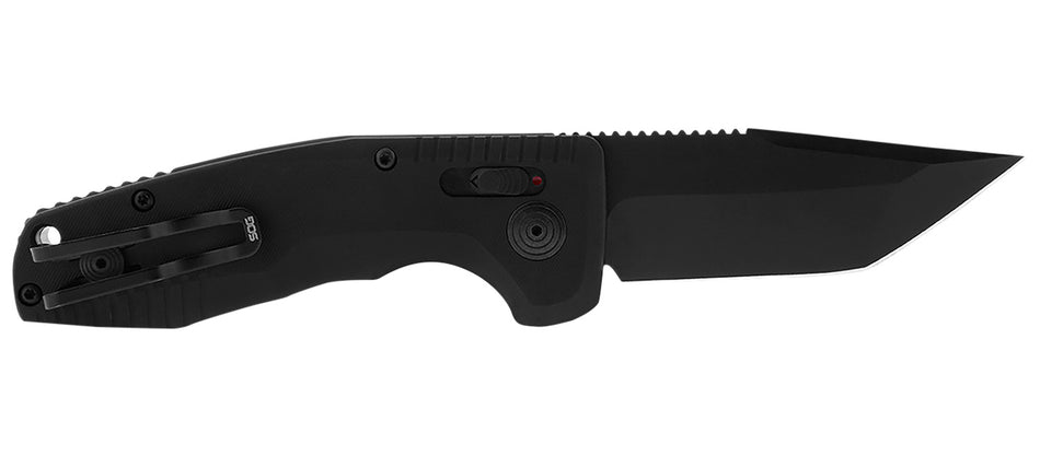 SOG SOG-TAC AU Compact 2.94" Automatic Tanto Part Serrated D2 Blade Black Micro-Textured Anodized Aluminum Handle