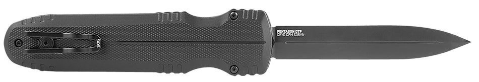 SOG Pentagon OTF Automatic 3.79" Spear Point Plain Black TiNi CPM S35VN Steel Blade Black Aluminum Handle w/ Clip