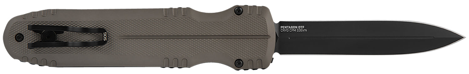 SOG Pentagon OTF Automatic 3.79" Spear Point Plain Black TiNi CPM S35VN Steel Blade FDE Aluminum Handle