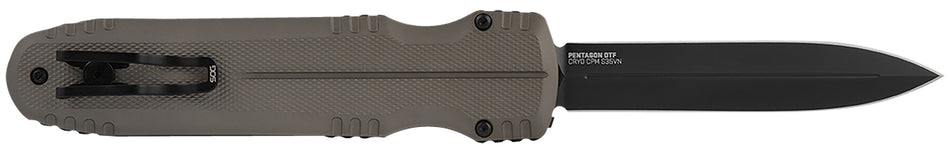 SOG Pentagon OTF Automatic 3.79" Spear Point Plain Black TiNi CPM S35VN Steel Blade FDE Aluminum Handle