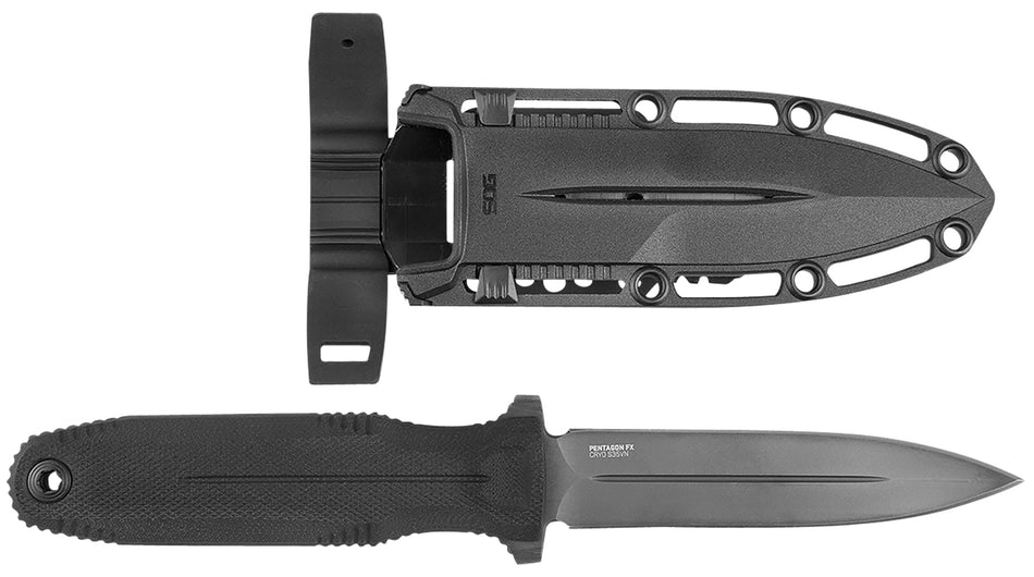 SOG Pentagon FX Fixed Blade 4.77" Spear Point Black Titanium Nitride CPM S35VN, G10 Blackout Handle with Sheath