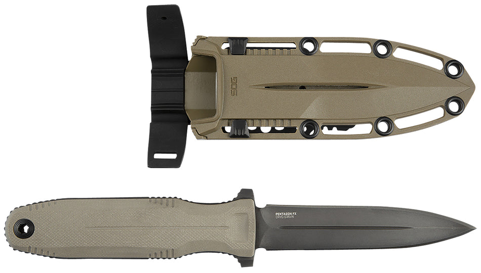 SOG Pentagon FX Fixed Blade 4.77" Spear Point Black Titanium Nitride CPM S35VN, Flat Dark Earth G10 Handle with Sheath