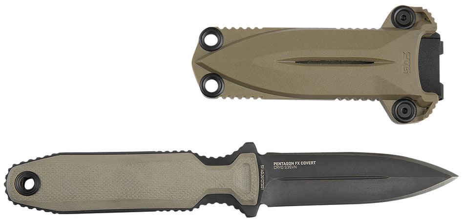 SOG Pentagon FX Covert Fixed Blade 3.41" Spear Point Black Titanium Nitride CPM S35VN, FDE G10 Handle with Sheath