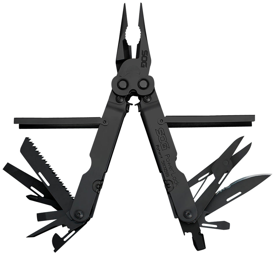 SOG Powerlock Multi-Tool Black Oxide 420 SS 18 Tools 7" Long Compound Leverage with Sheath