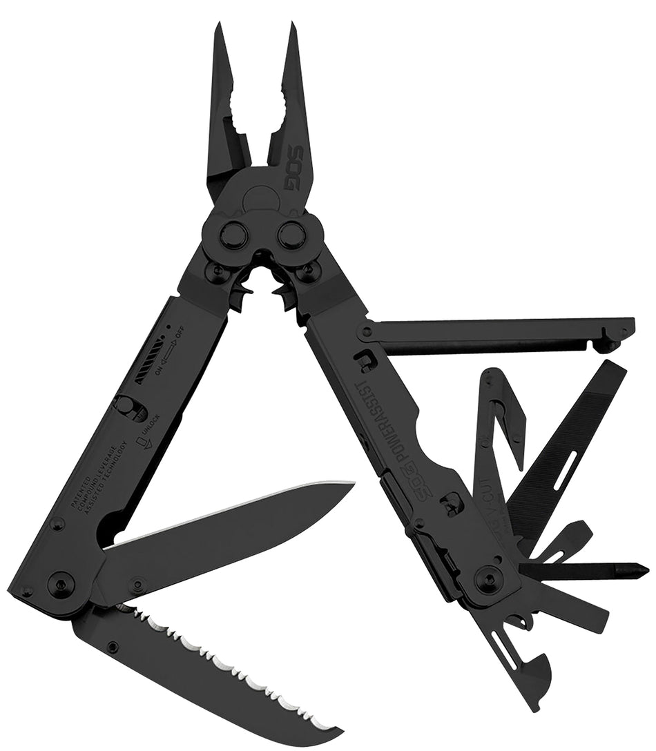 SOG PowerAssist Multi-Tool Black Oxide 420 SS 16 Tools 7" Dual Assisted Blades with Sheath