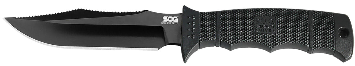 SOG Seal Pup Elite Fixed Knife 4.85" Clip Point Plain Black Hardcased TiCN AUS-8A SS Blade Black Grip Lines GRN Handle Lanyard and MOLLE Sheath Included