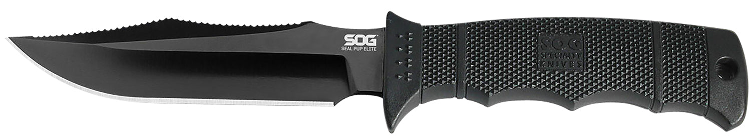 SOG Seal Pup Elite Fixed Knife 4.85" Clip Point Plain Black Hardcased TiCN AUS-8A SS Blade Black Grip Lines GRN Handle Lanyard and MOLLE Sheath Included
