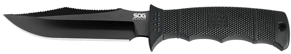 SOG Seal Pup Elite Fixed Knife 4.85" Clip Point Plain Black Hardcased TiCN AUS-8A SS Blade Black Grip Lines GRN Handle Lanyard and MOLLE Sheath Included