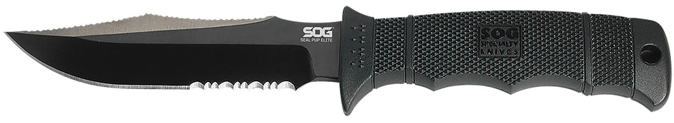 SOG Seal Pup Elite 4.85" Fixed Blade Part Serrated Clip Point Black TiCN AUS-8A Stainless Black GRN Handle Lanyard and Kydex Sheath Included