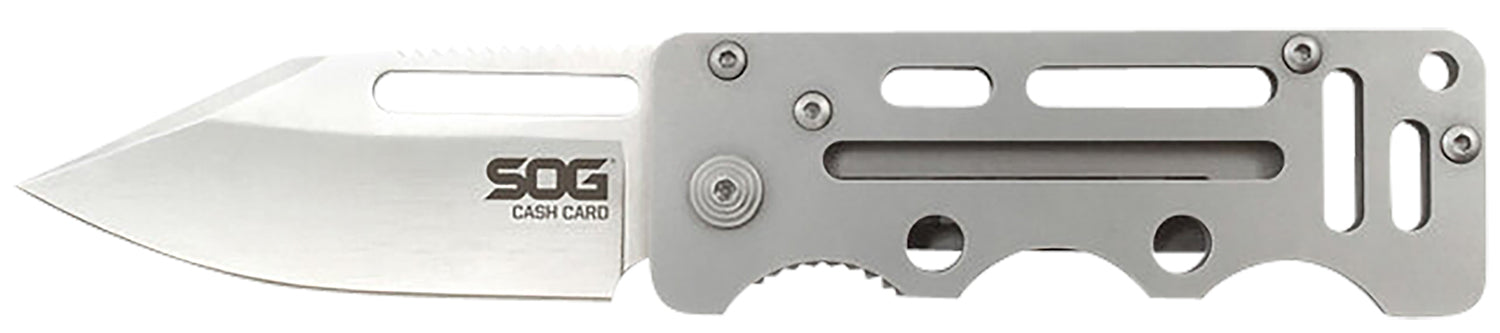 SOG Cash Card 2.75" Folding Knife Clip Point Satin 8Cr13MoV Stainless Blade Silver Skeletonized SS Handle Money Card Clip
