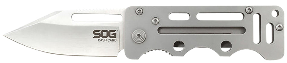 SOG Cash Card 2.75" Folding Knife Clip Point Satin 8Cr13MoV Stainless Blade Silver Skeletonized SS Handle Money Card Clip