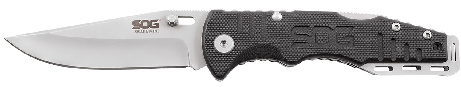 SOG Salute Mini 3.10" Folding Knife Clip Point Bead Blasted 8Cr13MoV Stainless Blade Black Machined G10 Handle Low-Carry Pocket Clip
