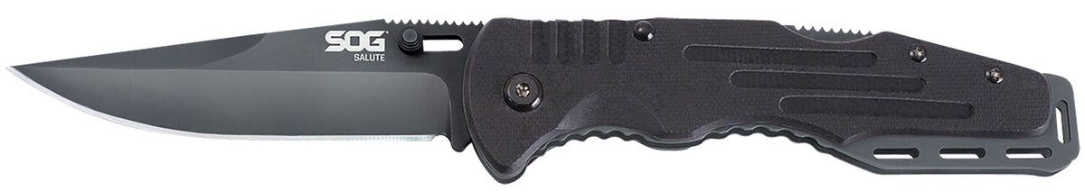 SOG Salute 3.62" Folding Knife Clip Point Plain Black Hardcased 8Cr13MoV Stainless Blade Machined Black G10 Handle Belt Clip