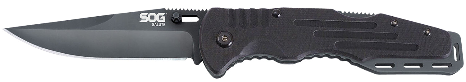 SOG Salute 3.62" Folding Knife Clip Point Plain Black Hardcased 8Cr13MoV Stainless Blade Machined Black G10 Handle Belt Clip