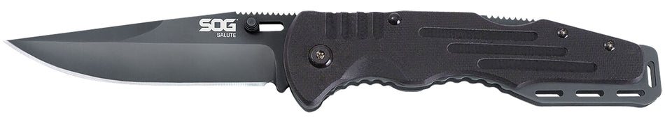 SOG Salute 3.62" Folding Knife Clip Point Plain Black Hardcased 8Cr13MoV Stainless Blade Machined Black G10 Handle Belt Clip