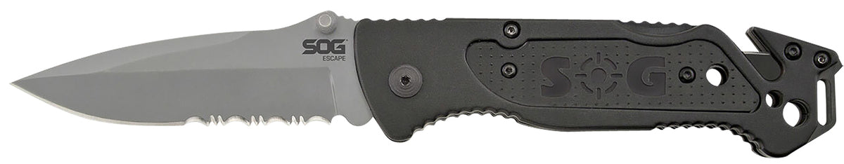 SOG Escape 3.40" Folding Knife Part Serrated Clip Point Bead Blasted 9Cr18MoV Stainless Black Anodized Aluminum Handle Line Cutter Glass Breaker