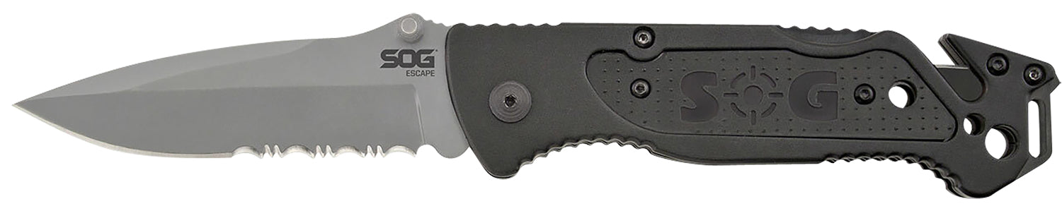 SOG Escape 3.40" Folding Knife Part Serrated Clip Point Bead Blasted 9Cr18MoV Stainless Black Anodized Aluminum Handle Line Cutter Glass Breaker