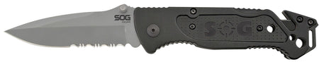 SOG Escape 3.40" Folding Knife Part Serrated Clip Point Bead Blasted 9Cr18MoV Stainless Black Anodized Aluminum Handle Line Cutter Glass Breaker