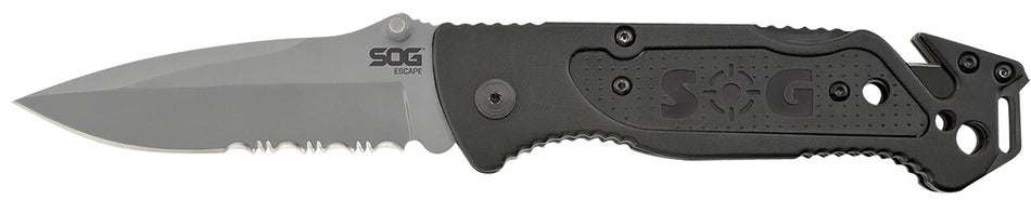 SOG Escape 3.40" Folding Knife Part Serrated Clip Point Bead Blasted 9Cr18MoV Stainless Black Anodized Aluminum Handle Line Cutter Glass Breaker