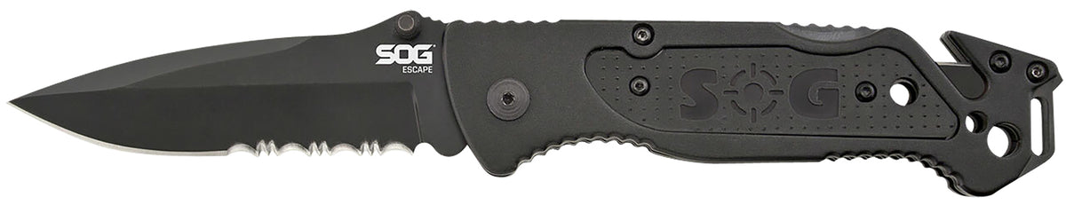 SOG Escape 3.40" Folding Knife Part Serrated Clip Point Black Hardcased 9Cr18MoV Stainless Black Anodized Aluminum Handle Line Cutter Glass Breaker