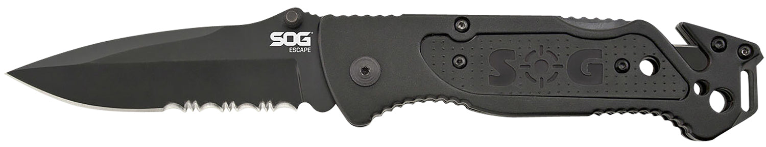 SOG Escape 3.40" Folding Knife Part Serrated Clip Point Black Hardcased 9Cr18MoV Stainless Black Anodized Aluminum Handle Line Cutter Glass Breaker