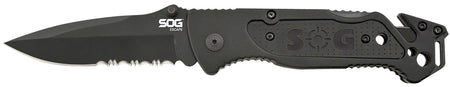 SOG Escape 3.40" Folding Knife Part Serrated Clip Point Black Hardcased 9Cr18MoV Stainless Black Anodized Aluminum Handle Line Cutter Glass Breaker