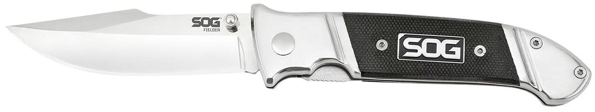 SOG Fielder G10 3.30" Folding Knife Clip Point Plain Satin 7Cr17MoV Stainless Blade Black G10 and Stainless Handle Belt Clip
