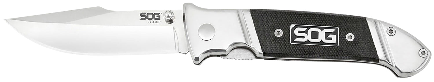 SOG Fielder G10 3.30" Folding Knife Clip Point Plain Satin 7Cr17MoV Stainless Blade Black G10 and Stainless Handle Belt Clip