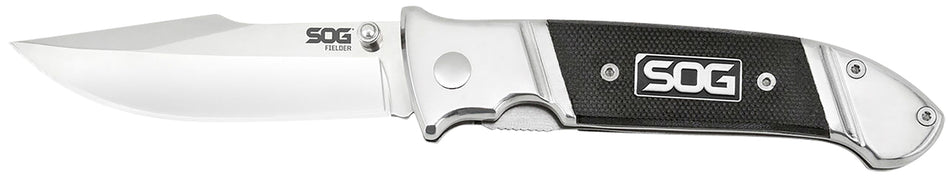 SOG Fielder G10 3.30" Folding Knife Clip Point Plain Satin 7Cr17MoV Stainless Blade Black G10 and Stainless Handle Belt Clip