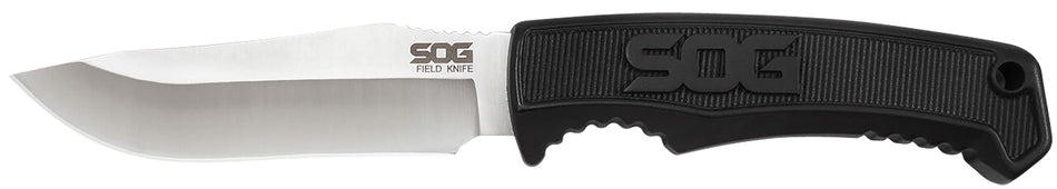 SOG Field Knife 4" Fixed Blade Clip Point Plain Satin 7Cr17MoV Stainless Black Thermoplastic Rubber Handle GRN Sheath