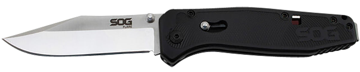 SOG Flare 3.50" Folding Assisted-Open Clip Point Plain Satin Polished Blade Black GRN Handle Low-Carry Pocket Clip