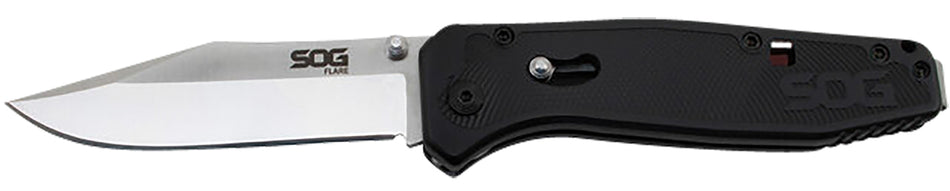 SOG Flare 3.50" Folding Assisted-Open Clip Point Plain Satin Polished Blade Black GRN Handle Low-Carry Pocket Clip