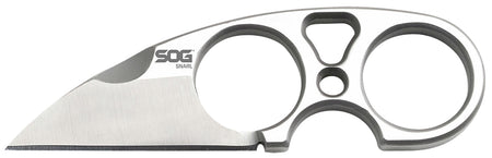 SOG Snarl 2.30" Fixed Blade Sheepsfoot Plain Satin 9Cr18MoV Stainless Silver Handle Neck Knife Hard Nylon Sheath with Belt Clip