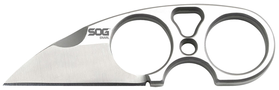 SOG Snarl 2.30" Fixed Blade Sheepsfoot Plain Satin 9Cr18MoV Stainless Silver Handle Neck Knife Hard Nylon Sheath with Belt Clip